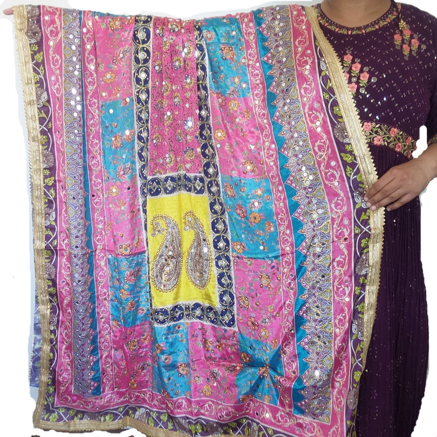 pakistani-silk-heavy-duppatta-pink-yellow-combination