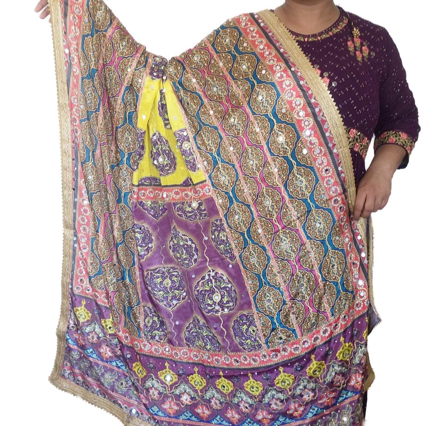 pakistani-silk-heavy-duppatta-purple-yellow-color
