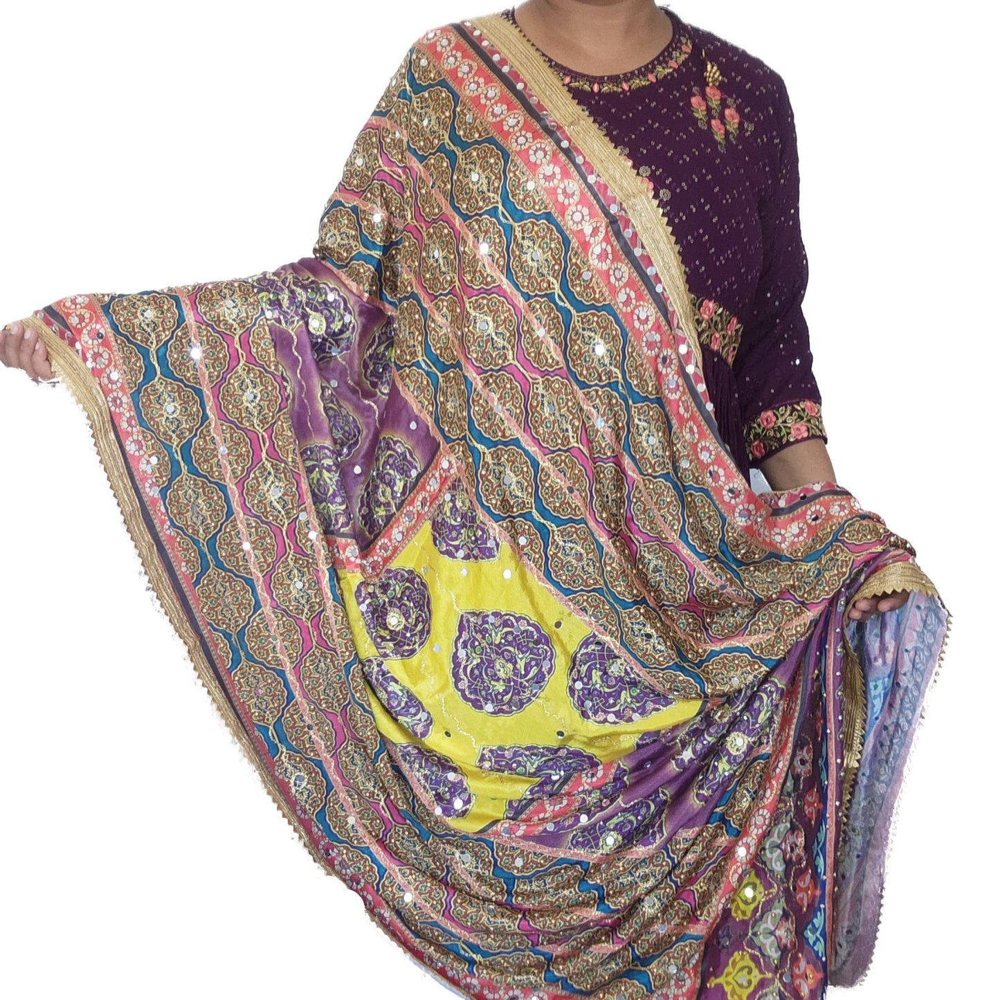 pakistani-silk-heavy-duppatta-purple-yellow-color