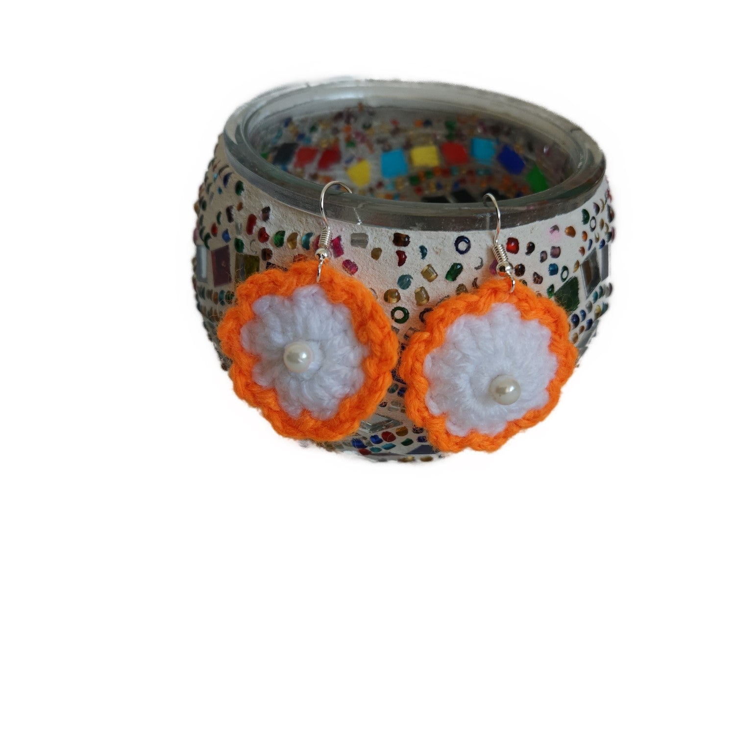 orange-white-flower-pearl-yarn-earring