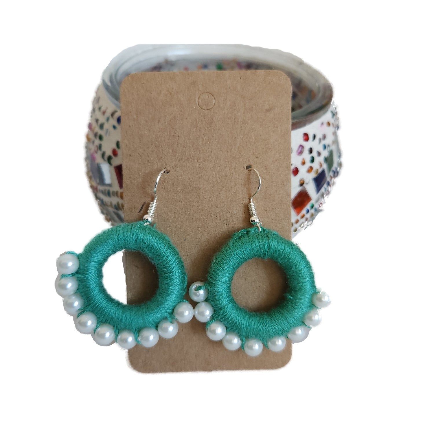 green-circle-shape-pearl-thread-design-earrings