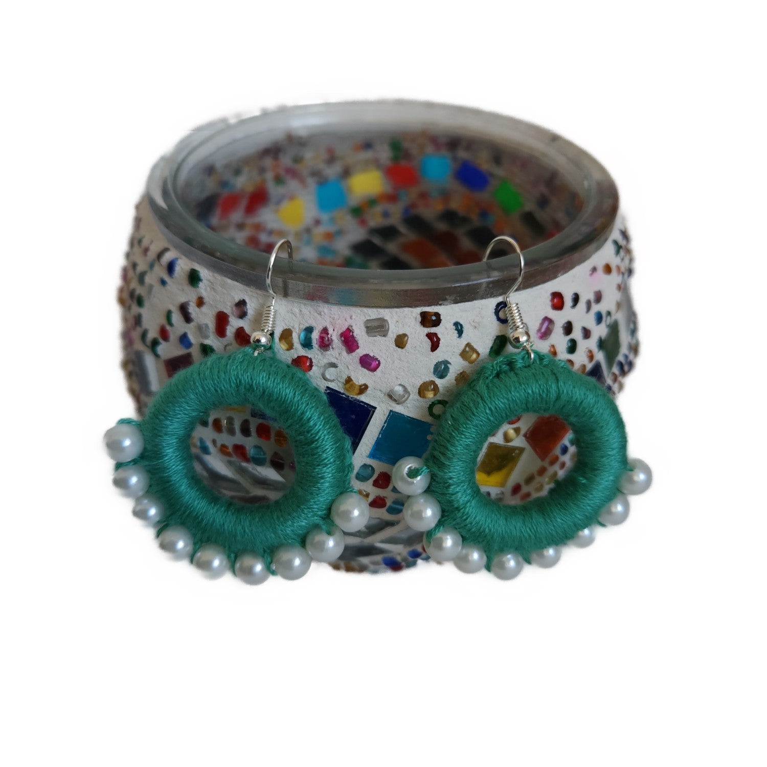 green-circle-shape-pearl-thread-design-earrings