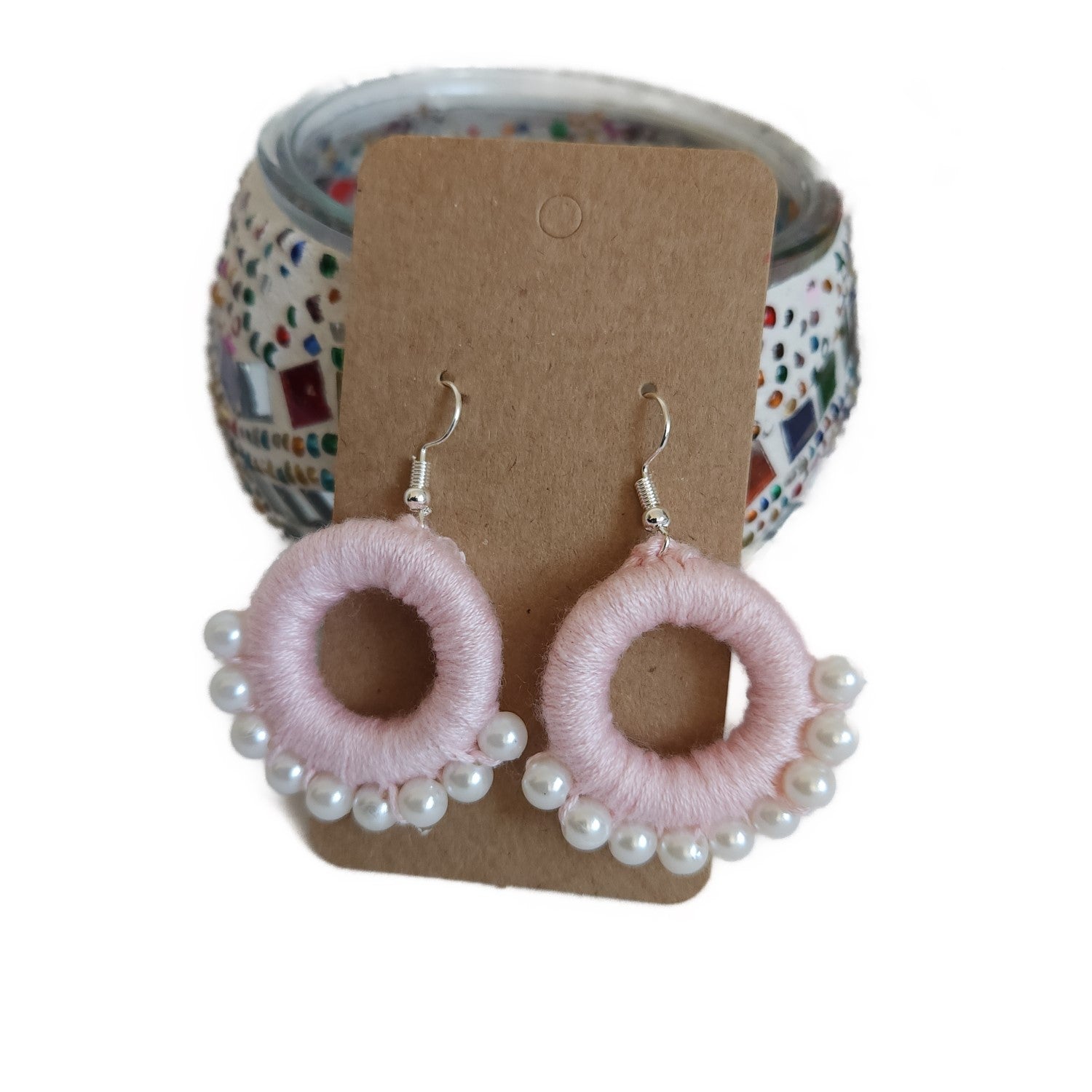 pink-circle-shape-pearl-thread-design-earrings