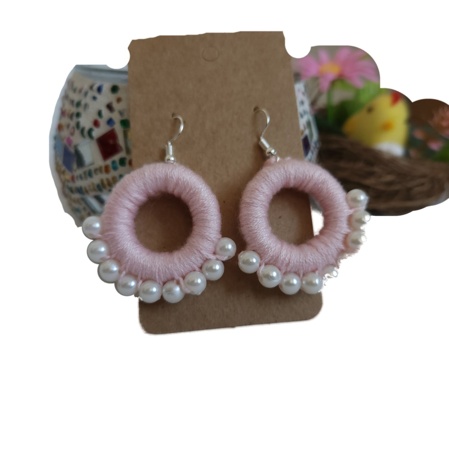 pink-circle-shape-pearl-thread-design-earrings