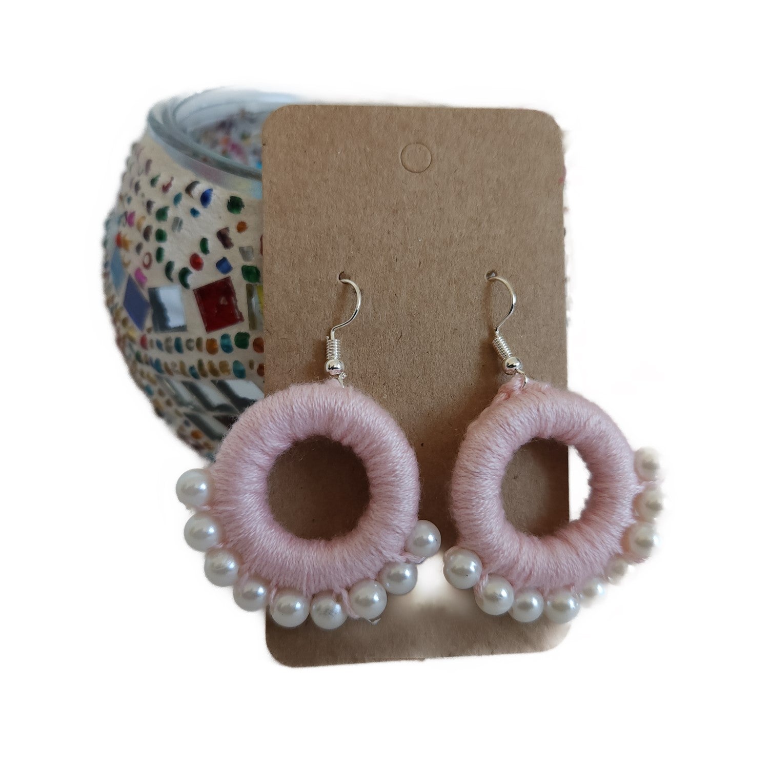 pink-circle-shape-pearl-thread-design-earrings