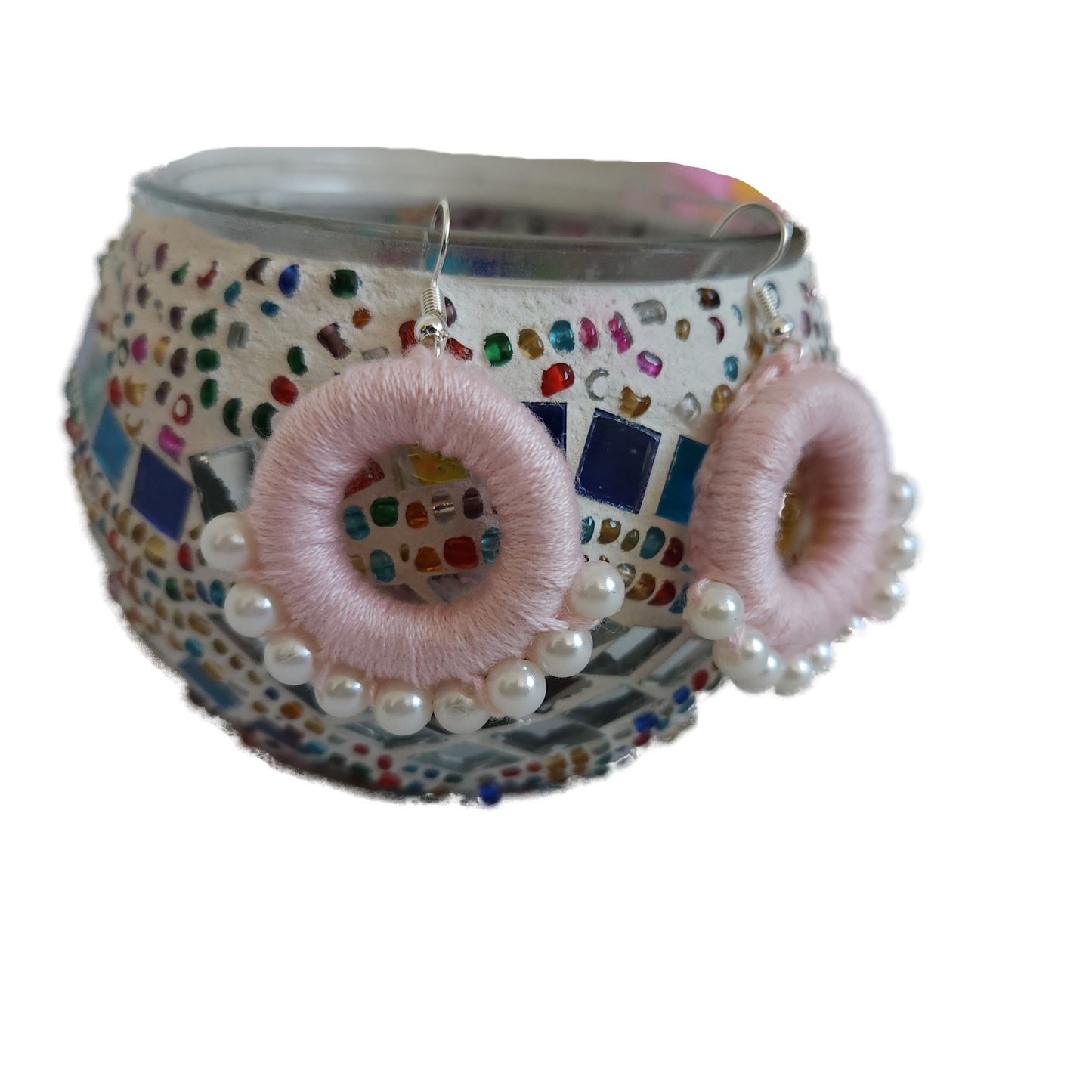 pink-circle-shape-pearl-thread-design-earrings