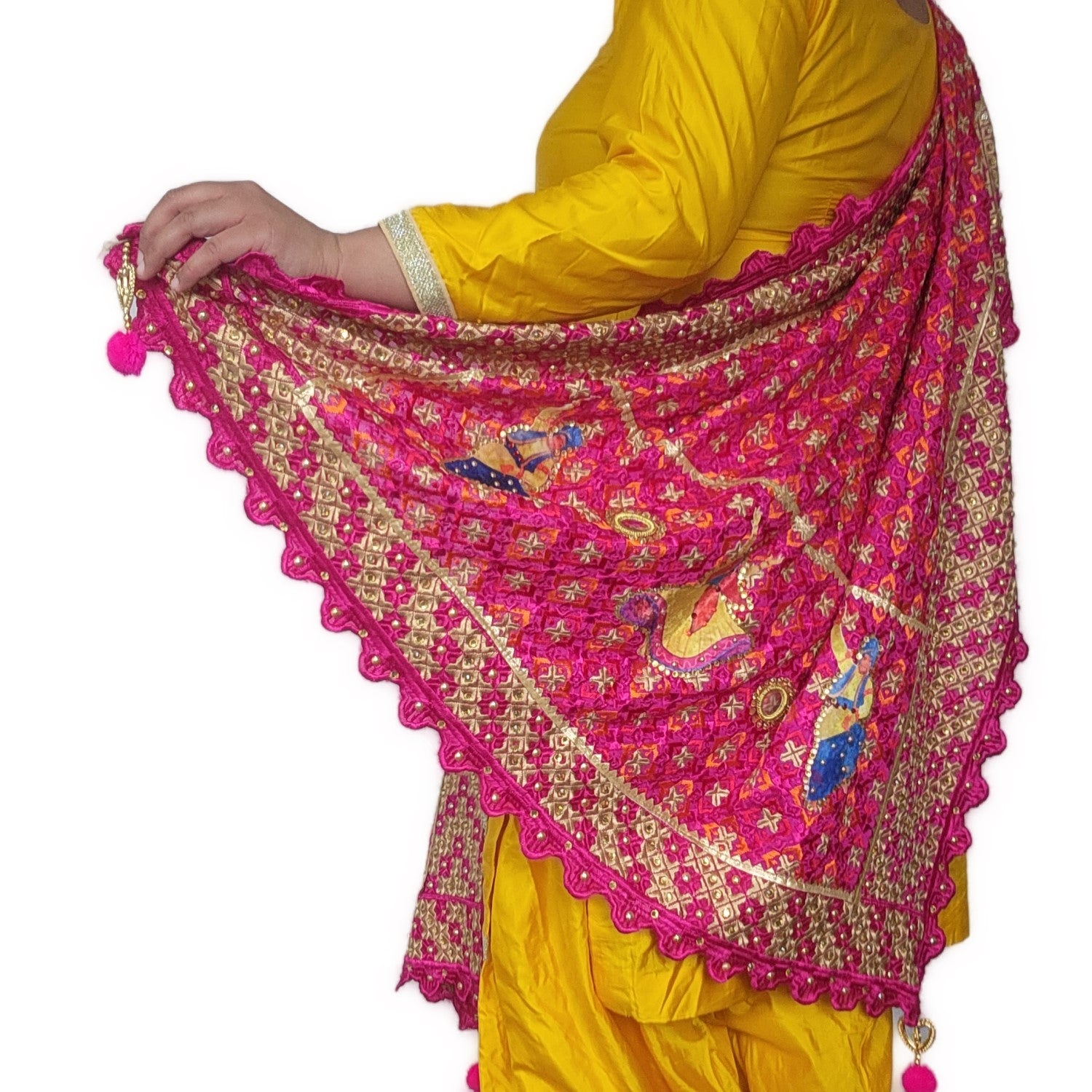 PUNJABI CULTURE PINK COLOR SQUARE DESIGN PHULKARI DUPATTA