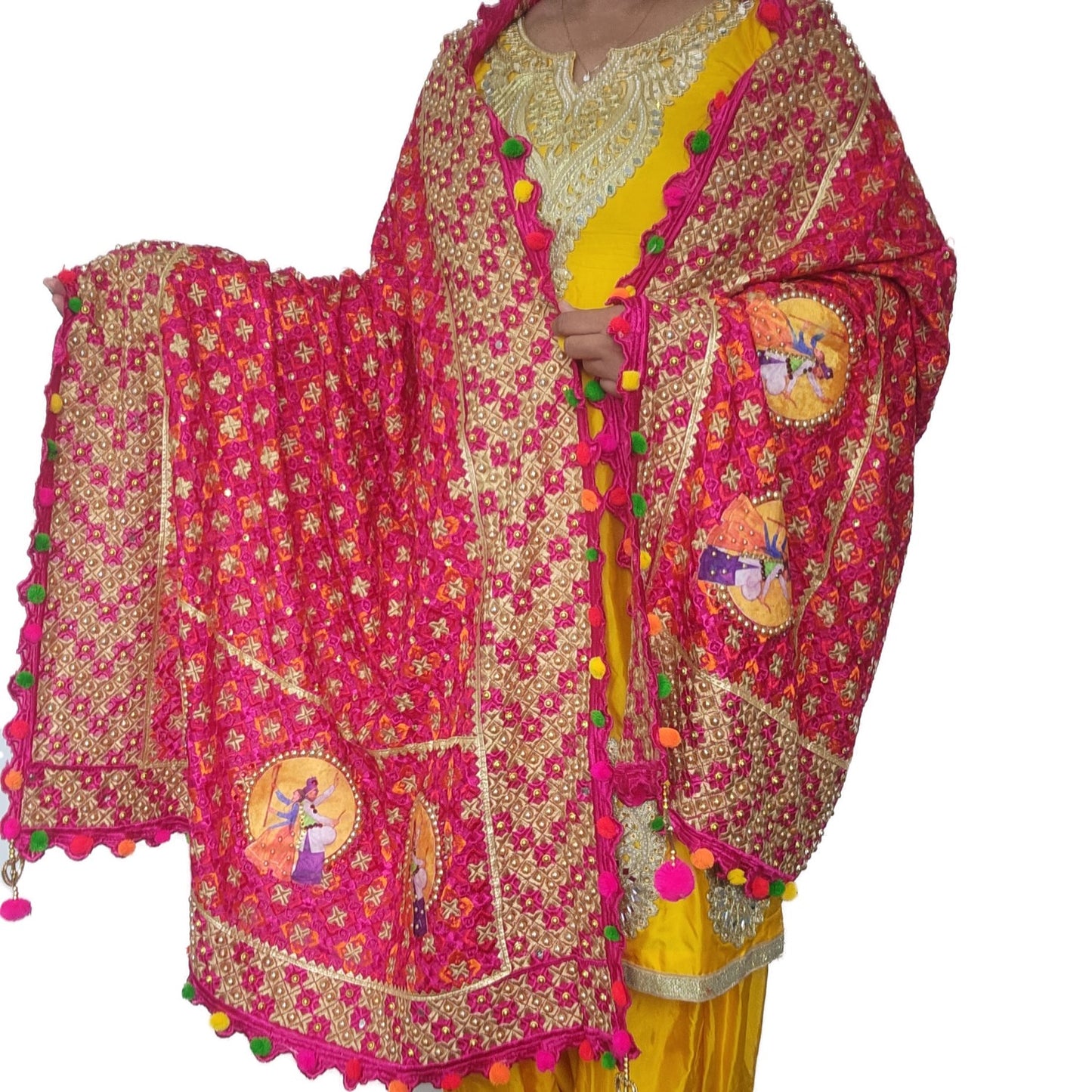 PUNJABI CULTURE PINK COLOR PHULKARI DUPATTA BORDER POM POM