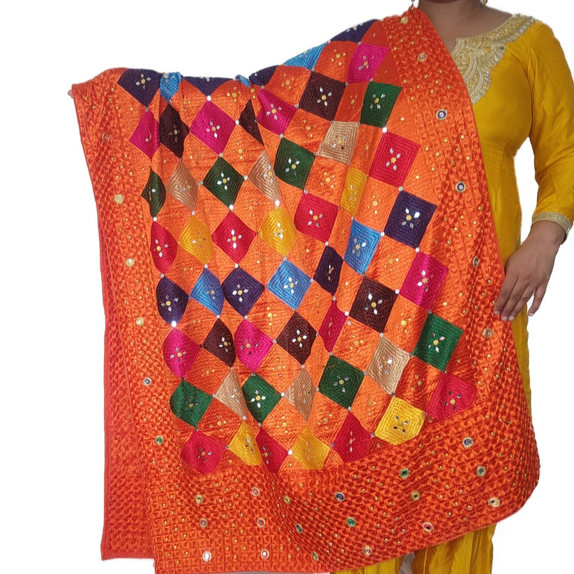 ORANGE BOX WITH MULTICOLOR PATTERNS PHULKARI DUPATTA – Yellow Cart