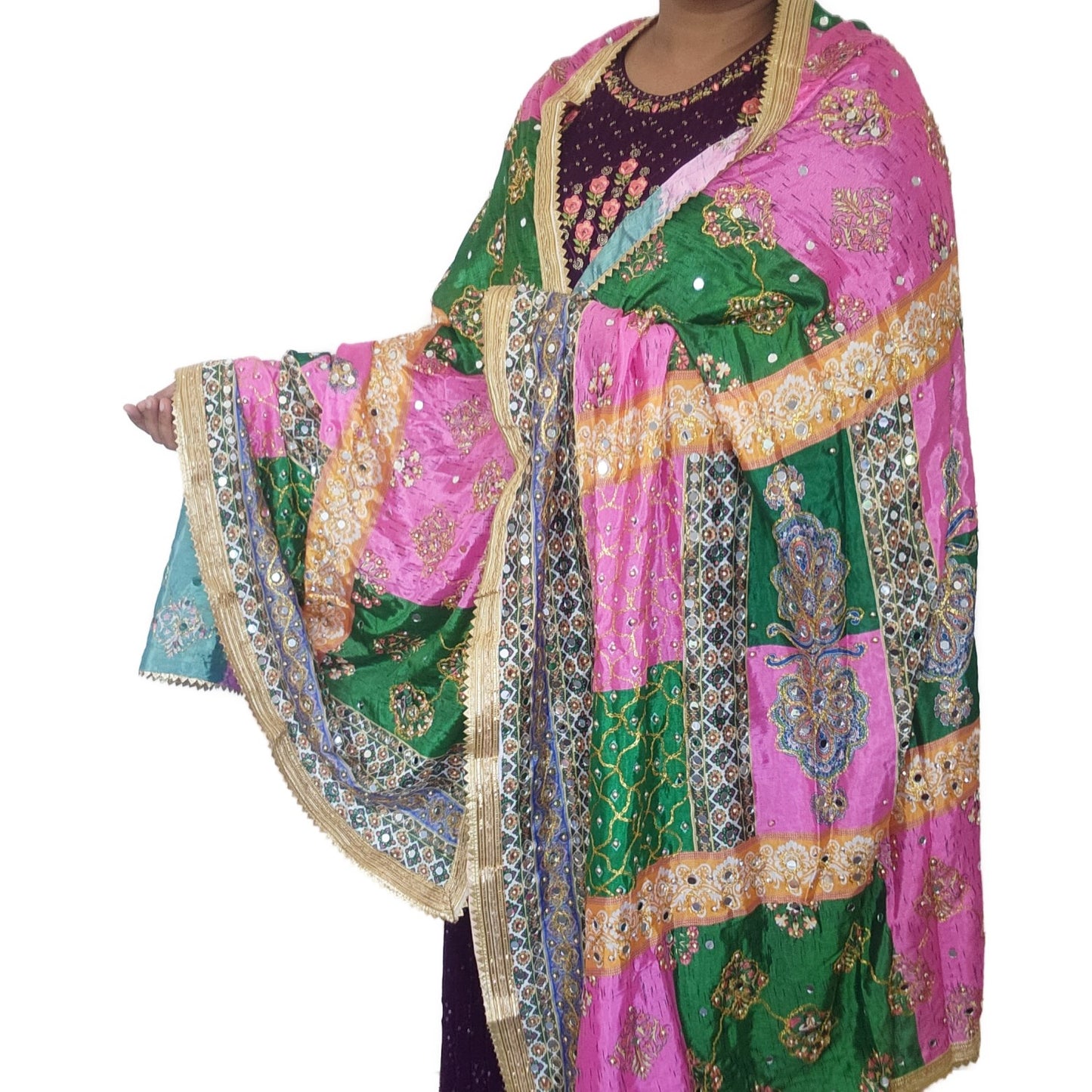 pakistani-silk-duppatta-heavy-green-pink-color