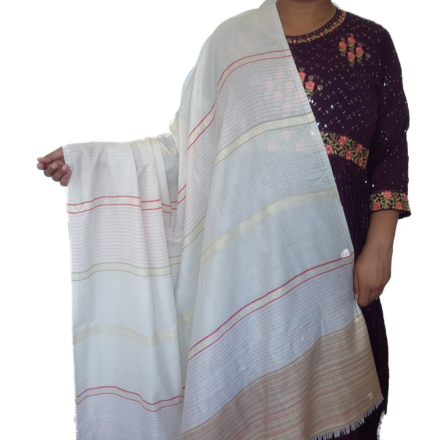 PURE WOOL OFF WHITE RED ROWS DESIGN WITH BROAD BORDER – Yellow Cart